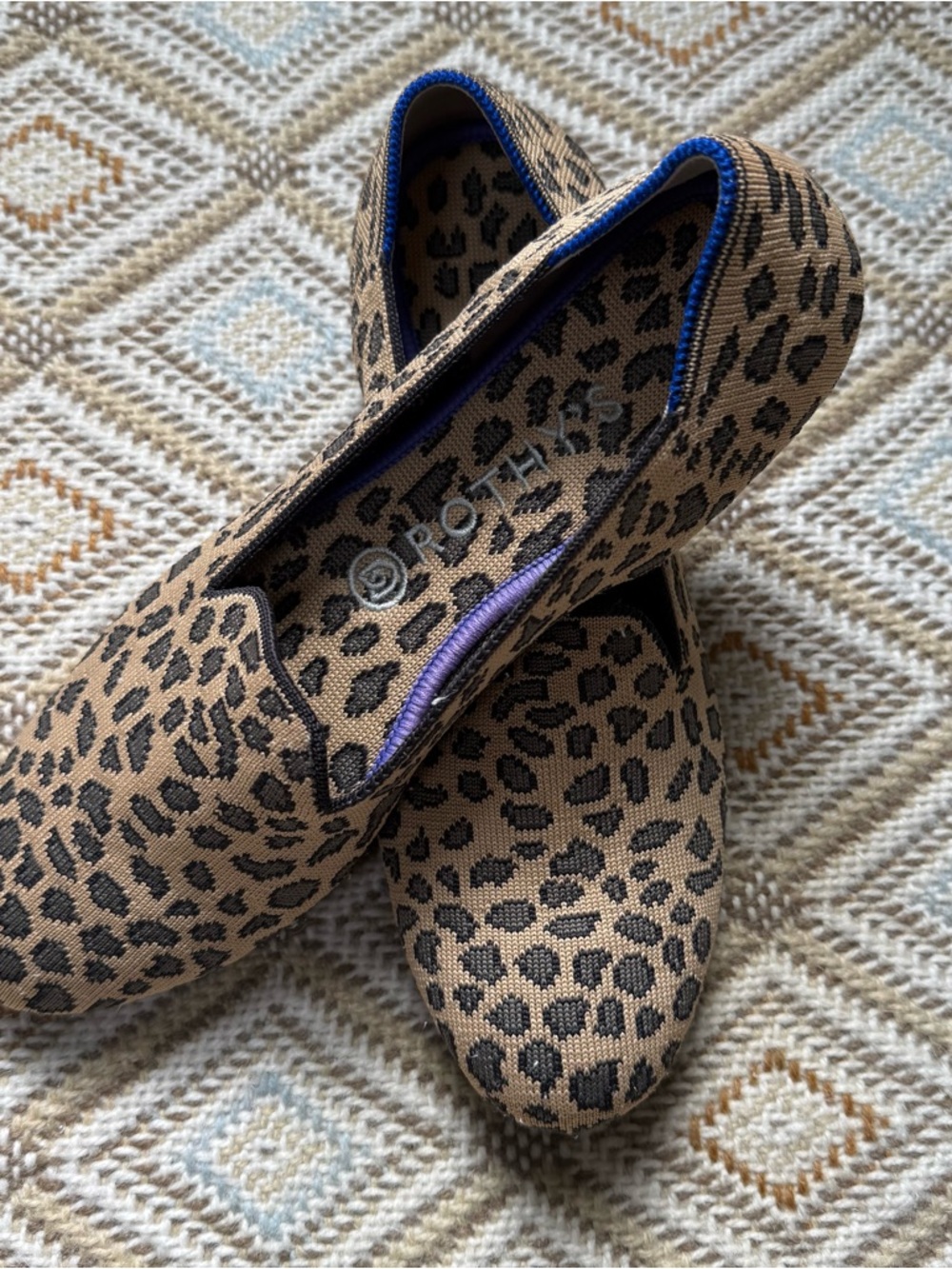 Rothy's Leopard-Print Slip-On Flats in Tan with Black Spots and Blue Trim - Sz 9